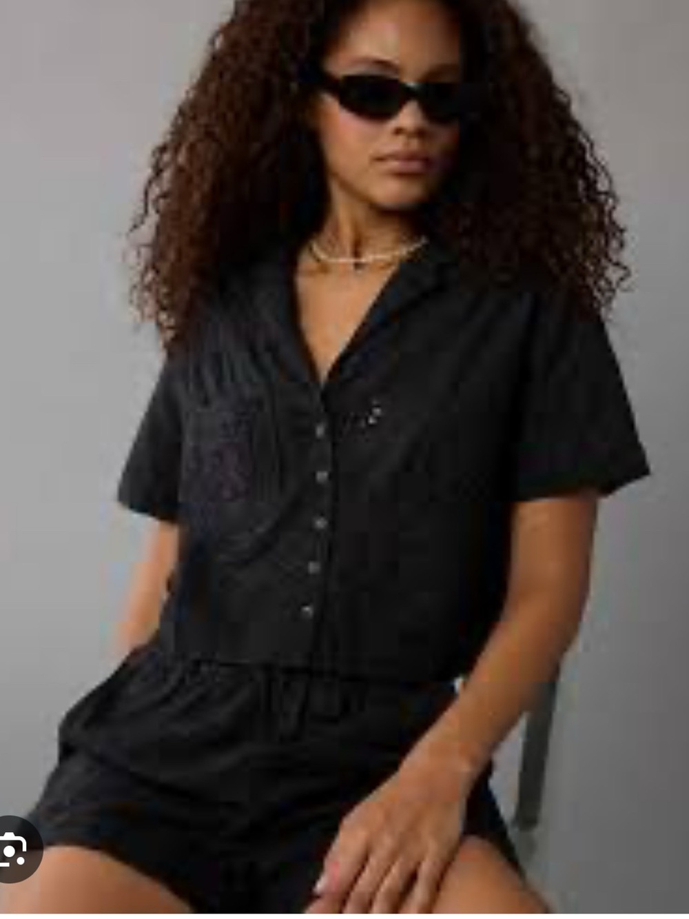 NWT American Eagle Black Eyelet Lace Camp Shirt Crop Button Front Top S